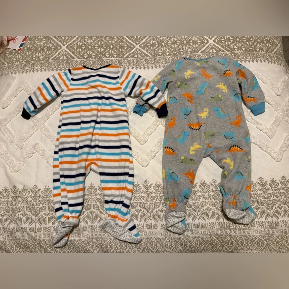 Set of Two Absorba Multicolor Striped and Dinosaur Fleece Footies 12 months